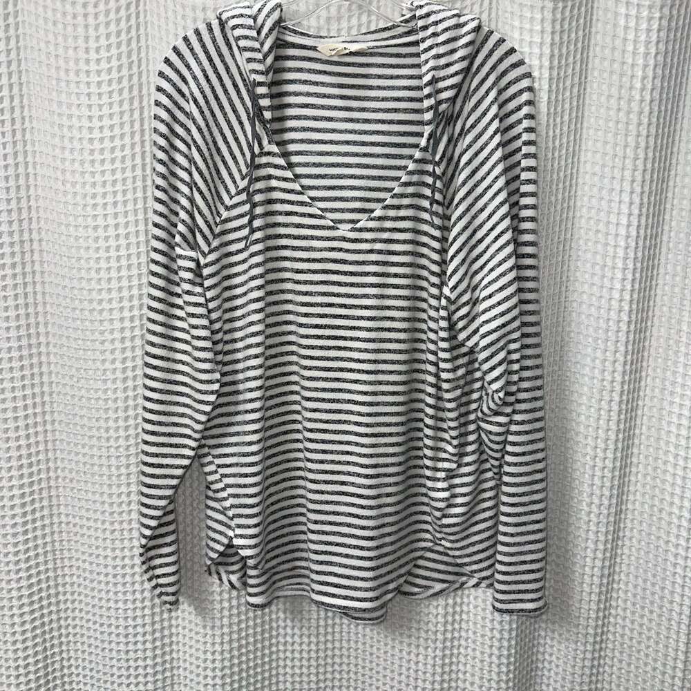 Lucky Brand Gray Striped V-Neck Hooded Tunic Top